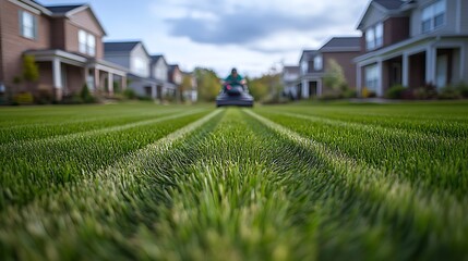 A suburban neighborhood with pristine, freshly mowed lawns, a landscaper operating a commercial mower, symmetrical stripes forming in the grass, a row of elegant homes in the background,