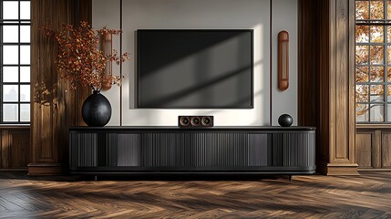 Modern living room with soundbar, autumn view