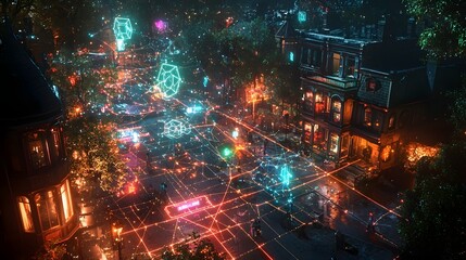 Captivating top down view of a futuristic city at night featuring a glowing digital network overlay weaving through the illuminated urban landscape