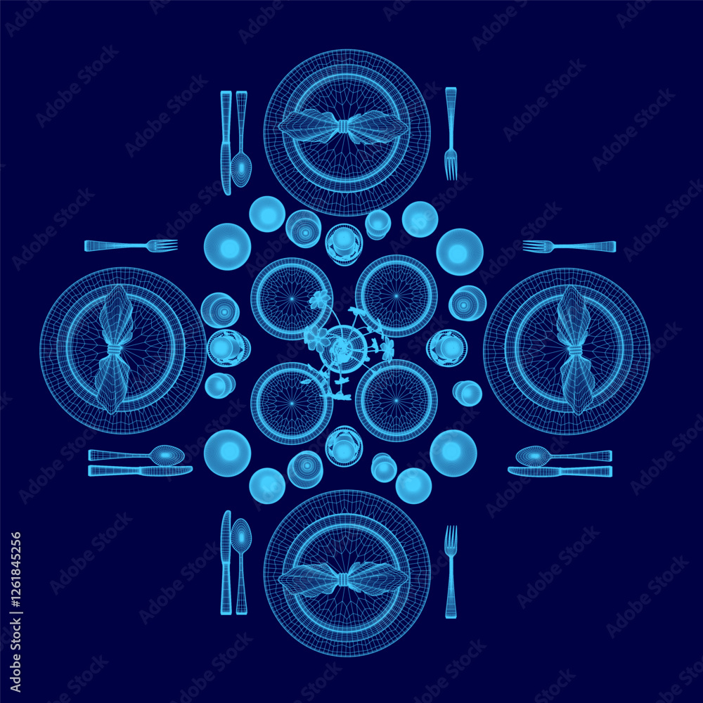 Poster a blue image of a table with a blue background and a white plate with a fork and knife on it