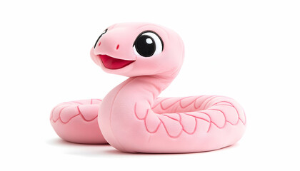 Pink snake plush coiled on white background for child's toy, learning tool. Generative AI