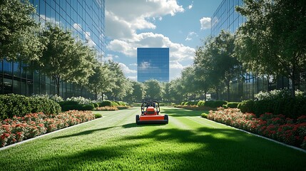 A well-manicured business park lawn being trimmed by a landscaper, the commercial mower gliding effortlessly, tall glass office towers reflecting the sky,