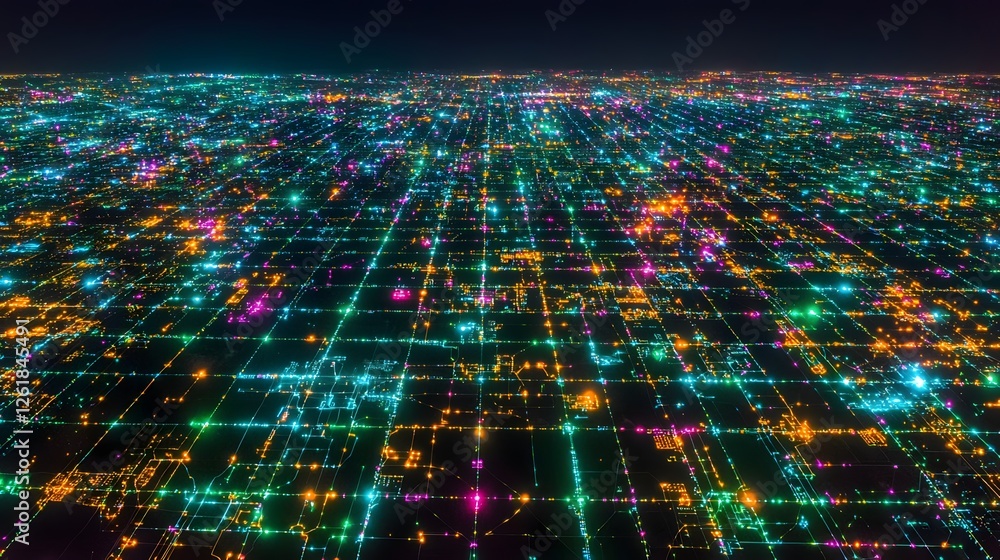 Poster aerial view of a vibrant illuminated urban grid with a complex network of interconnected digital inf