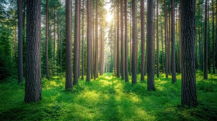 Obraz premium Sunlit Pine Forest Path: A sunbeam pierces the dense canopy of a pine forest, illuminating a path that winds through lush green undergrowth. The scene evokes tranquility and the serenity of nature.