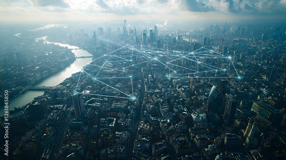 Poster aerial view of a modern technologically advanced cityscape with skyscrapers bridges roads and a comp