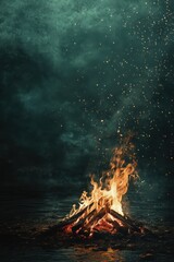 Naklejka premium Night Bonfire by the Lake: Embers and Sparks Dance in the Dark