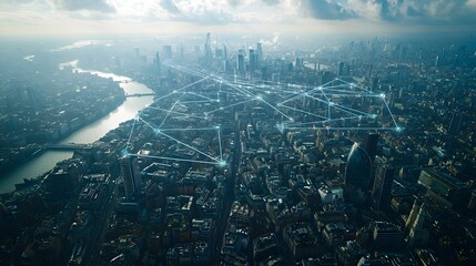 Aerial view of a modern technologically advanced cityscape with skyscrapers bridges roads and a complex network of interconnected infrastructure  The image conveys a sense of a thriving