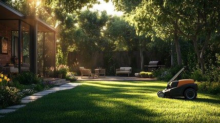 A backyard being carefully manicured by a landscaper ahead of a weekend barbecue, a commercial mower gliding over the lush green grass, a patio with a grill and outdoor furniture in the background,