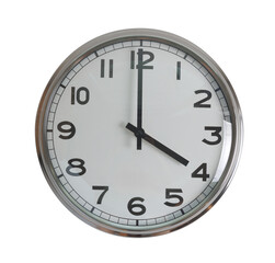 Wall hanging analog clock with white face and black number in classic vintage design which clock arm at 4 o'clock. Background isolated cutout in transparent background.