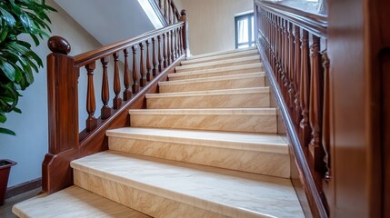A Serene Staircase with Wooden Railing and Elegant Marble Steps