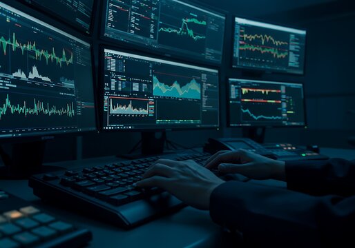Analyzing Stock Market Data Multiple Computer Screens Trading and Financial Analysis