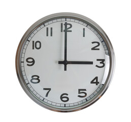 Wall hanging analog clock with white face and black number in classic vintage design which clock...