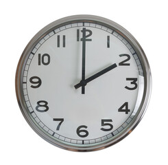 Wall hanging analog clock with white face and black number in classic vintage design which clock arm at 2 o'clock. Background isolated cutout in transparent background.