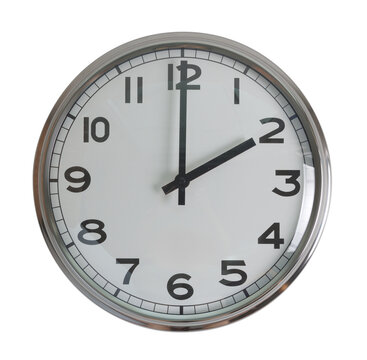 Wall hanging analog clock with white face and black number in classic vintage design which clock arm at 2 o'clock. Background isolated cutout in transparent background.