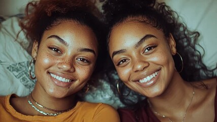 Twin Smiles: Two young Black women, twins, lie side by side, smiling radiantly at the camera. Their natural beauty and joyful expressions create a powerful image of sisterhood and happiness. - Powered by Adobe
