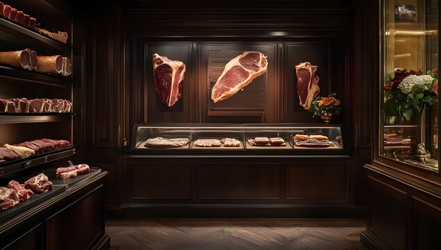 High-end butcher shop display of prime cuts