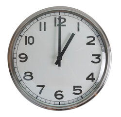 Wall hanging analog clock with white face and black number in classic vintage design which clock arm at 1 o'clock. Background isolated cutout in transparent background.