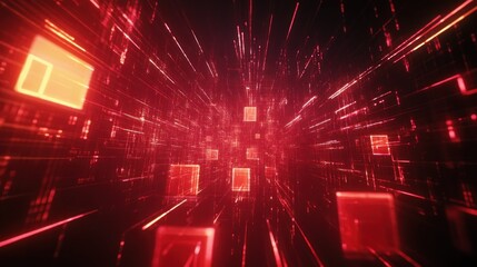 Fototapeta premium Abstract red digital tunnel with glowing blocks
