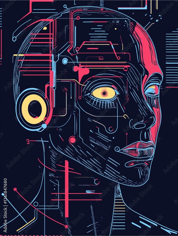 Poster futuristic technology illustration of a digital robot head and circuit board pattern