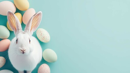 Easter Bunny and Eggs: A fluffy white bunny with long ears sits amongst colorful Easter eggs on a vibrant turquoise background.