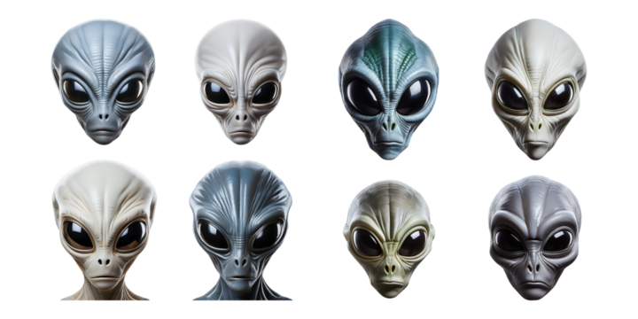 Diverse Alien Heads in Various Colors and Designs for Creative Use, isolated on transparent background