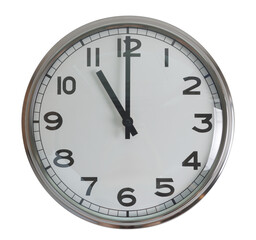 Wall hanging analog clock with white face and black number in classic vintage design which clock arm at 11 o'clock. Background isolated cutout in transparent background.