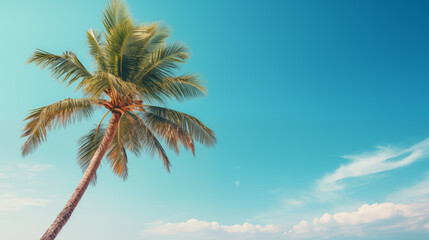 Coconut palm tree under blue sky . Vintage style. Tropical background