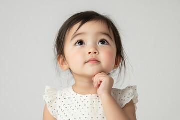 Toddler girl thinking, studio portrait, white background, pensive expression, child development