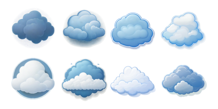 Various Cartoon Style Cloud Illustrations in Different Shades of Blue, isolated on transparent background