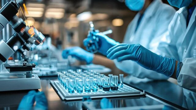 Precision in Research: Close-up shot of a scientist's gloved hands meticulously working with a lab tray of vials, showcasing the intricate detail and precision required in scientific research.  