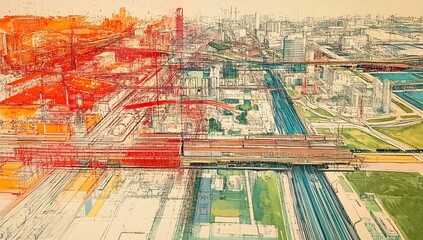 Naklejka premium Aerial industrial city, train tracks, factories, urban landscape