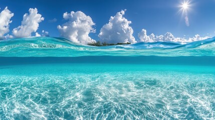 Tropical island ocean split view, sunny sky, underwater scene, travel brochure