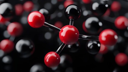 Molecular Structure, Red and Black Atoms, Dark Background, Scientific Illustration