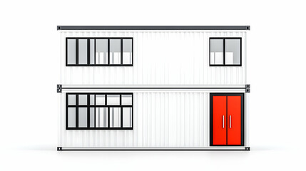 Stacked container home showing windows and bright red door on white background. Generative AI