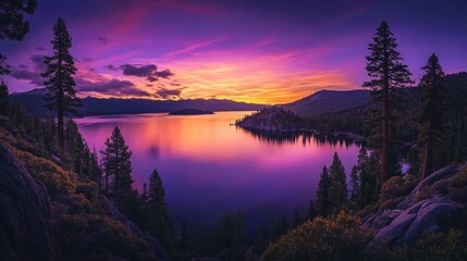 Fototapeta premium Vibrant sunrise over mountain lake, serene landscape, calm waters, peaceful morning
