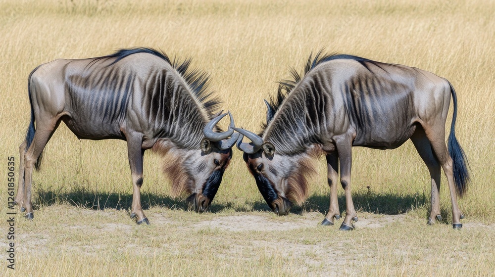 Poster Two wildebeests engaging in a head-to-head display in a grassy field.