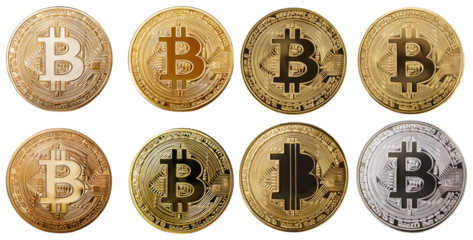 Variety of Bitcoin Coins in Different Colors and Designs, isolated on transparent background