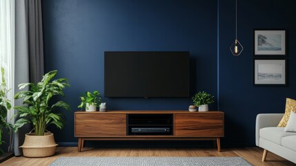 Cozy Living Room with Modern TV Cabinet and Lush Greenery