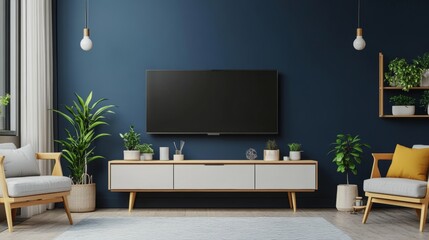 Cozy Living Room with Modern TV Cabinet and Lush Greenery