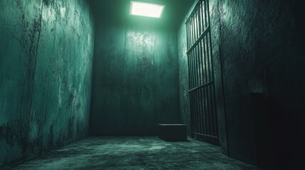 Dark and Gloomy Prison Cell Interior: A Grungy, Teal-Toned Image of Confinement and Isolation