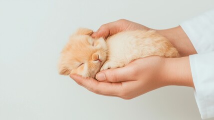 Obraz premium Caring hands hold sleeping kitten indoor setting calm environment close-up view pet love concept