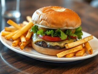 Juicy Cheeseburger with Crispy French Fries on a Plate