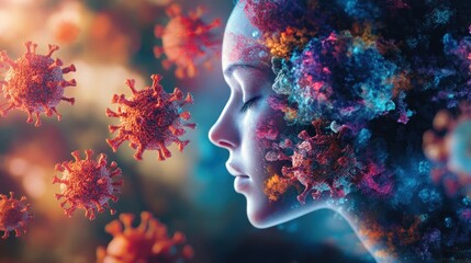 Human immune system illustrations featuring a transparent figure surrounded by colorful virus particles