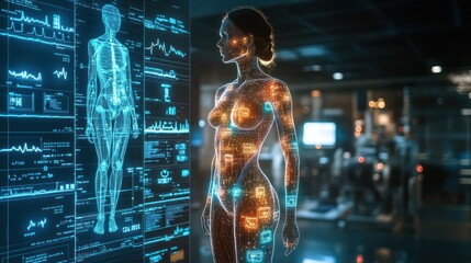 Holographic female body with health data overlay