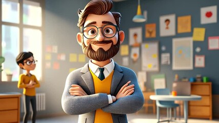 Confident Cartoon Teacher: A friendly, approachable cartoon teacher with a warm smile and stylish glasses stands confidently in his classroom, arms crossed.