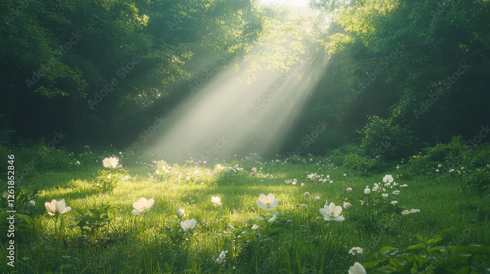 Poster sunlight filtering through trees enchanted meadow nature scene tranquil environment serene viewpoint