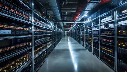 Server room interior,  corridor,  racks,  equipment,  lights,  technology,  data center