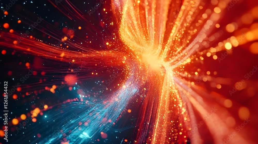 Poster abstract representation of vibrant energy waves merging in a cosmic background with glowing particle