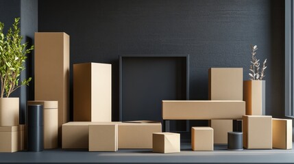 Cardboard boxes and plants in dark room.
