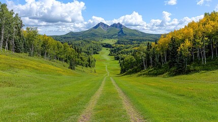 Obraz premium Mountain valley trail, sunny, wildflowers, summer. Possible use Nature tourism, travel, or wallpaper
